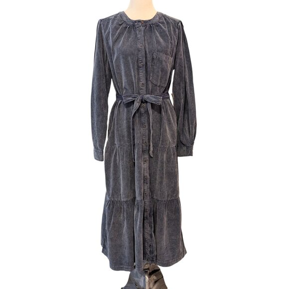 Pilcro Womens NWT Sz L Blue Marta Corduroy Tier Ruffle Tie Belt Button Up Dress - Picture 1 of 10